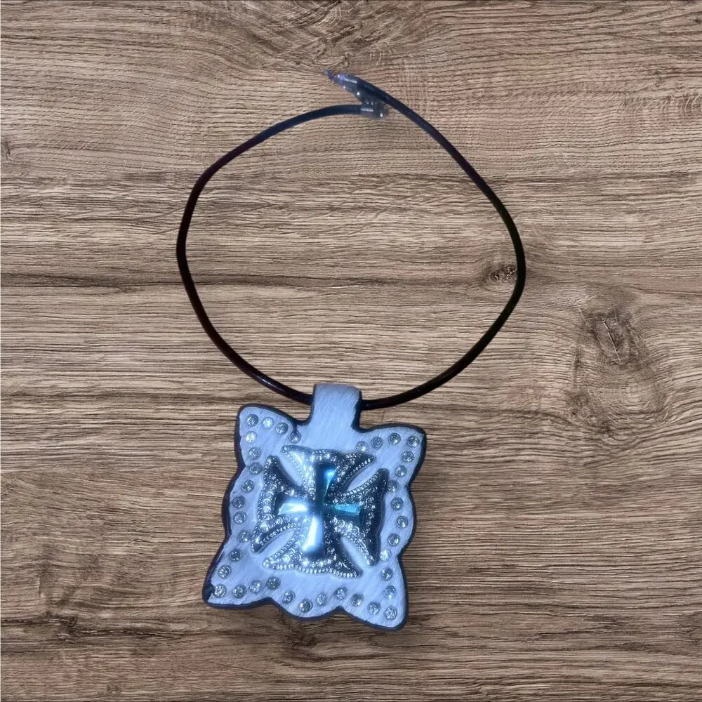 Set of 2 Western Cross Necklaces Cow Hair with Crystal/Stones NWT